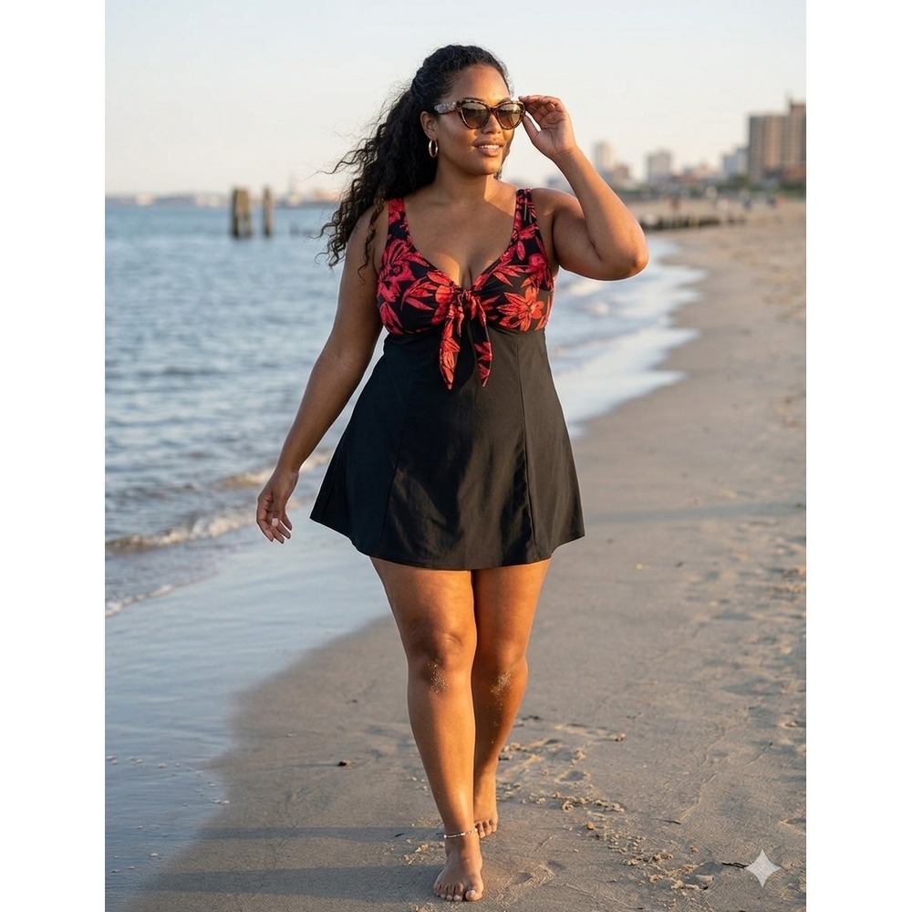 Elegant Floral Tankini Swimdress 1X‎ Black Pink Bow Front Flowy Beachwear Sexy
